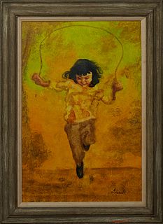 Girault, "Little Girl Jumping Rope," 20th c., oil on canvas, signed lower right, presented in a wide antiqued polychromed frame with a linen liner, H.