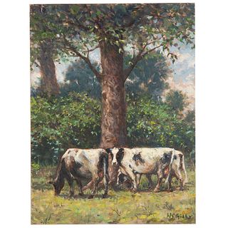 Nathaniel K. Gibbs. Cows in the Meadow, oil
