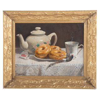 Nathaniel K. Gibbs."Tea Time with Doughnuts," oil