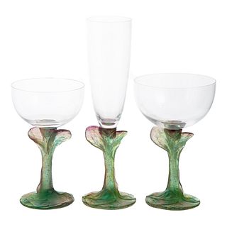 Three Daum Pate De Verre/Clear Glass Wine Stems