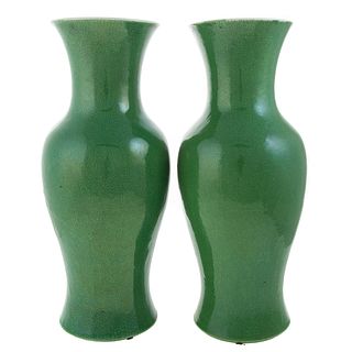Pair Chinese Apple Green Crackle Glaze Vases