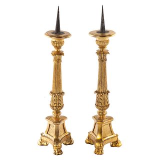 Pair Continental Carved Gilt Wood Candlesticks