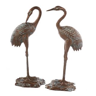 Pair Painted Bronze Garden Cranes