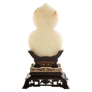 Chinese Carved Jade Plaque & Wood Stand