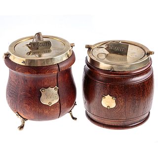 2 Victorian Silver Plate Mounted Oak Biscuit Jars