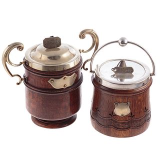 2 Victorian Silver Plate Mounted Oak Biscuit Jars