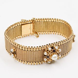 Vintage 18K Gold Mechanical Pearl & Ruby Bracelet