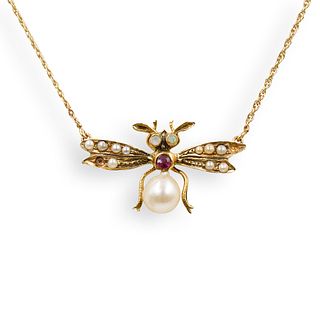 Vintage 14K Gold & Pearl Bee Necklace