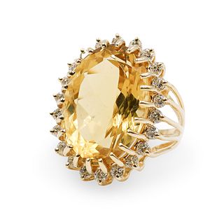 Large Citrine & Diamond 14K Gold Ring
