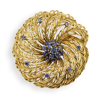 Italian 18k Gold and Sapphire Feather Brooch