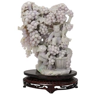 Chinese Hand Carved Jadeite Lavender Figural Group