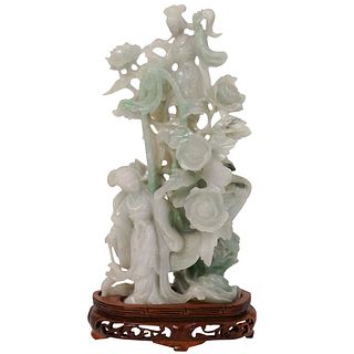 Chinese Hand Carved Jadeite Lavender Figural Group
