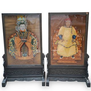 Pair Of Chinese Reverse Painted Royal Emperor & Empress Portraits