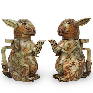 Pair Of Chinese Jade Rabbit Teapots