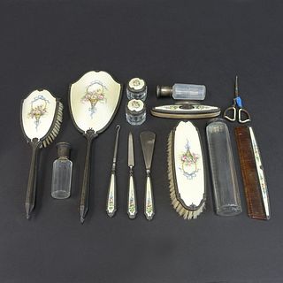 Vintage Sterling Silver and Enamel Vanity Set