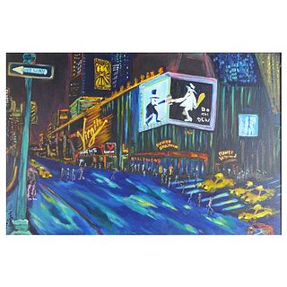 20th C. Oil on Canvas "Time Square at Night"