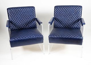 Pair of Contemporary Lucite and Navy Blue Quilted Leather Armchairs