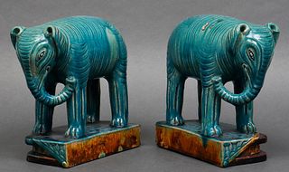 Chinese Turquoise Glazed Earthenware Elephants, Pr