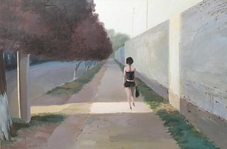 Liang Hongli "Woman Walking" Large Oil on Canvas