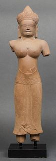 Khmer Sandstone Figure of Female Deity, Cambodia