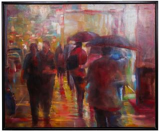 Wu Jih-Chin "Neon Crowd" Large Oil on Canvas