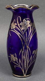 Art Nouveau Silver Overlay Cobalt Blue Glass Vase