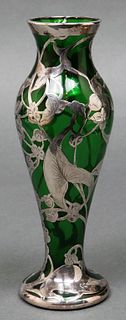Art Nouveau Sterling Overlay Tall Green Glass Vase