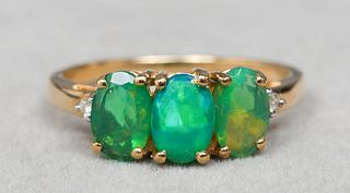 10K Yellow Gold, Green Opal & Diamond Ring