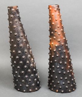 Leaning Studded Art Pottery Vessels, Pair