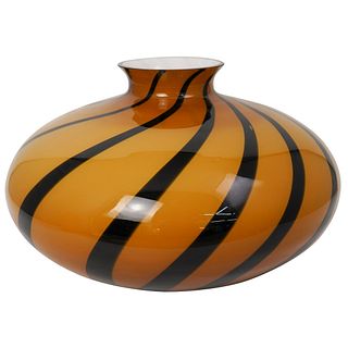 Murano Glass Orange & Black Swirl Vase