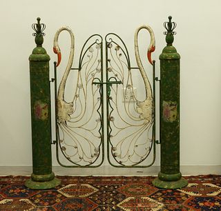 Decorative Tole Style Painted Tin Swan Garden Gate
