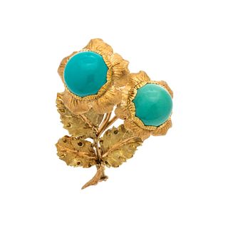 BUCCELLATI, YELLOW GOLD AND TURQUOISE FLOWER BROOCH