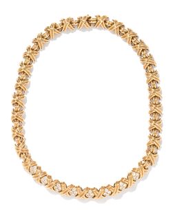 TIFFANY & CO., YELLOW GOLD AND DIAMOND 'X' COLLAR NECKLACE