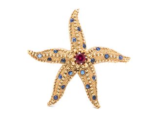 TIFFANY & CO., SCHLUMBERGER, YELLOW GOLD, RUBY AND SAPPHIRE STARFISH BROOCH