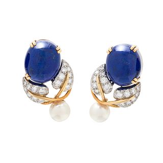 TIFFANY & CO., SCHLUMBERGER, LAPIS LAZULI, DIAMOND AND CULTURED PEARL EARCLIPS