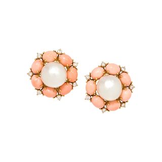 SEAMAN SCHEPPS, CULTURED SOUTH SEA PEARL, CORAL AND DIAMOND EARCLIPS