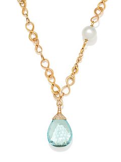 YELLOW GOLD, CULTURED SOUTH SEA PEARL, AQUAMARINE AND DIAMOND PENDANT/NECKLACE