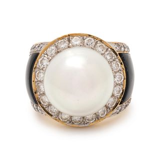 CULTURED SOUTH SEA PEARL, DIAMOND AND ONYX RING