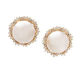 CULTURED MABE PEARL AND DIAMOND EARCLIPS