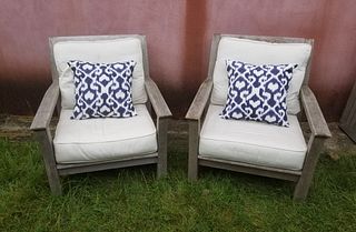 Pair of Kingsley Bates Teak Wood Armchairs with White Cushions