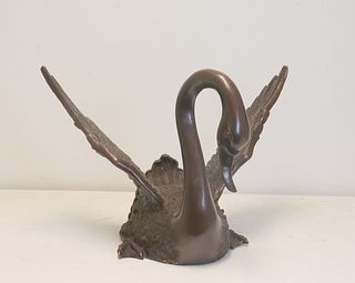 Large and Fine Quality Patinated Bronze Swan.