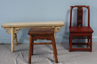 Antique Asian Wood Bench, Stool And Chair.