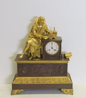 Antique Patinated And Gilt Bronze Figural Clock.