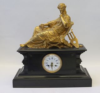 Antique Marble And Gilt Bronze Figural Clock.
