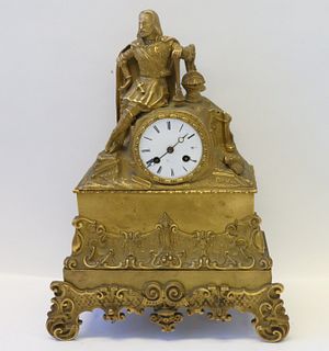 Antique Gilt Bronze Figural Clock with Enamel Face