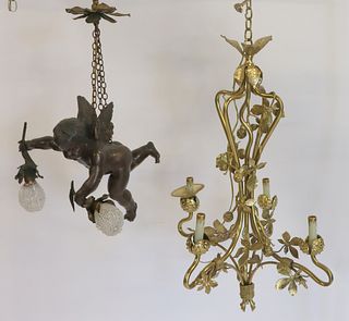 Art Nouveau Brass Chandelier Together With A