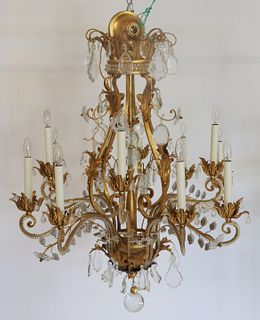 Large Gilt Metal Beaded Chandelier With Glass