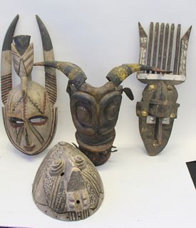 4 Antique Carved Wood African Masks.