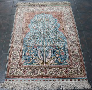 Antique And Finely Hand Woven Silk Prayer Rug.