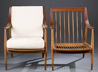 Pair of Peter Hvidt lounge chairs with ottomans.